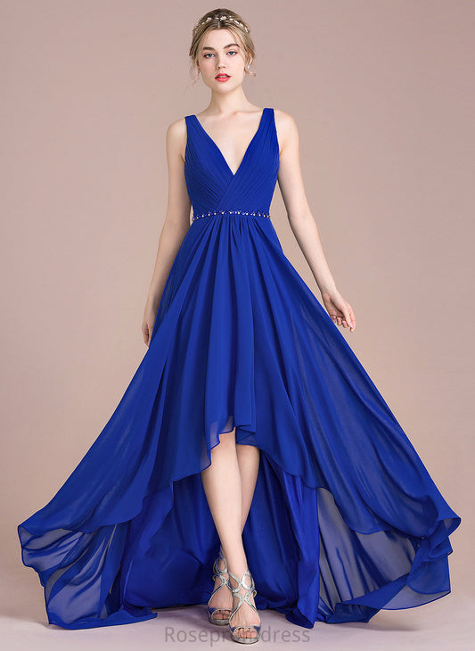 Prom Dresses Beading Chiffon Sequins Raven V-neck With A-Line Ruffle Asymmetrical