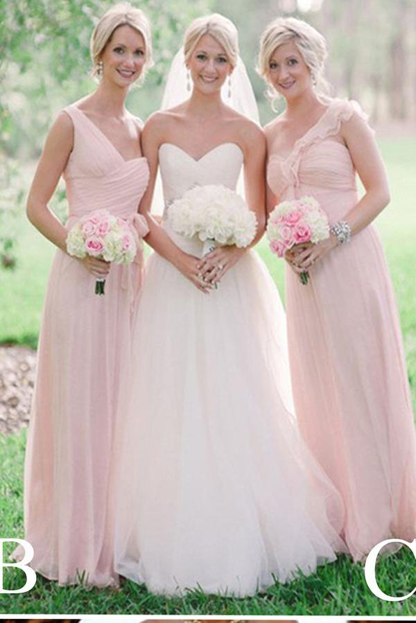 Long Light Pink Mismatched A-Line One Shoulder Sleeveless Elegant Bridesmaid Dresses RS523