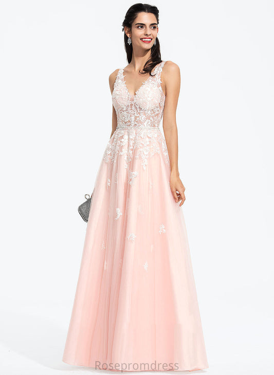 Sequins Prom Dresses V-neck With Ball-Gown/Princess Beading Saniya Floor-Length Lace Tulle