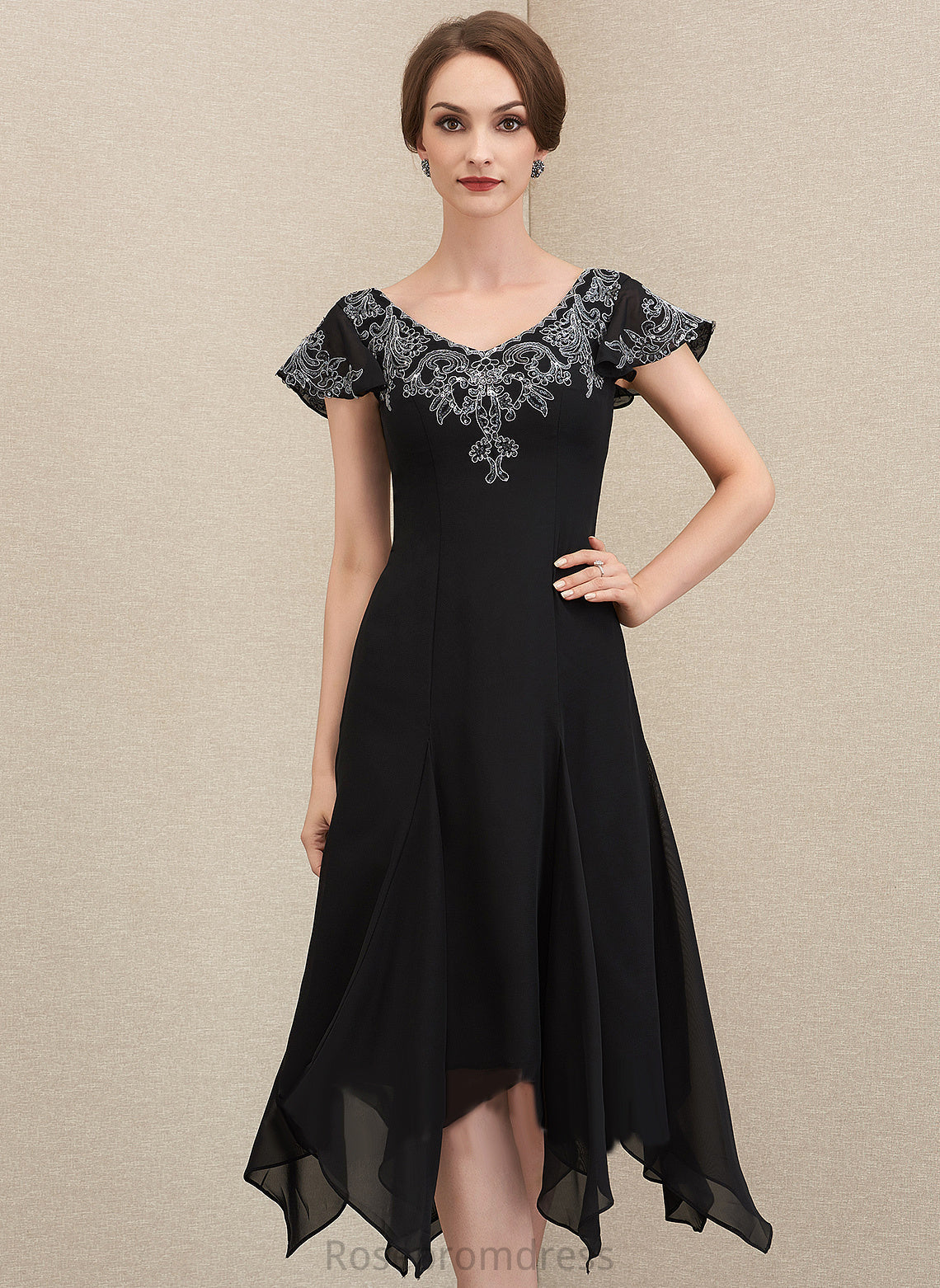 Sequins Mother the Bride Lace Karen of V-neck Tea-Length A-Line With Mother of the Bride Dresses Dress Chiffon