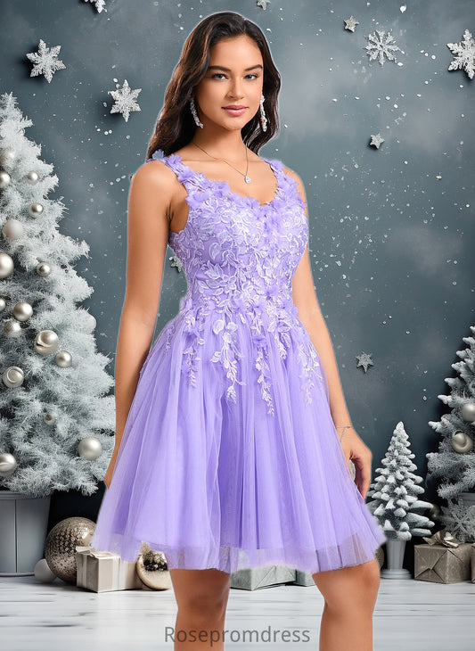 Josephine Ball-Gown/Princess V-Neck Short Lace Tulle Homecoming Dress With Flower DSP0025656