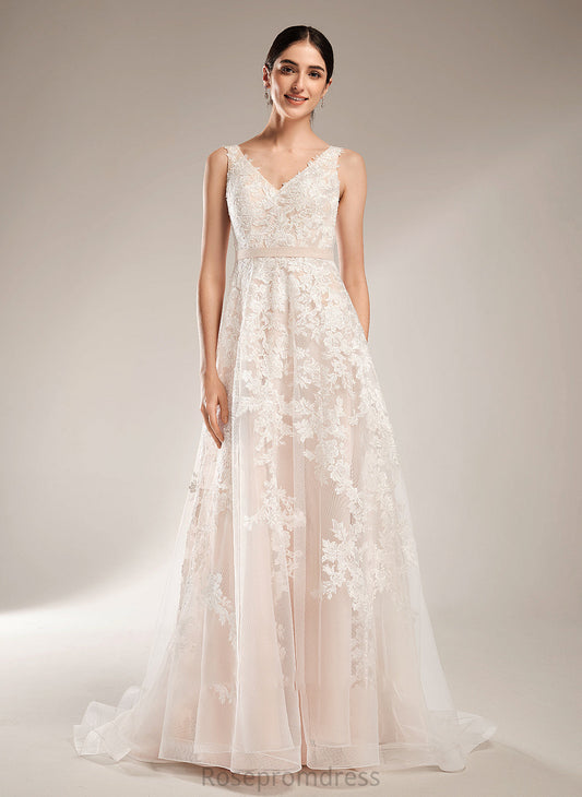 A-Line V-neck Court Dress Wedding Dresses Train Ashly Wedding