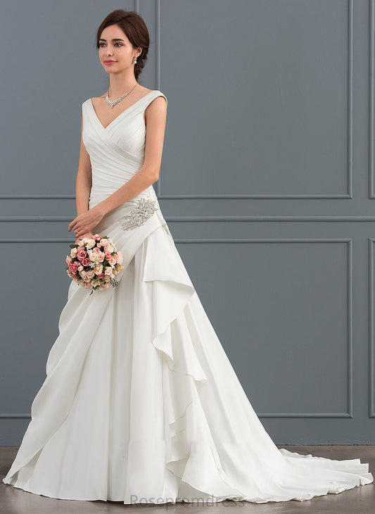 Dress Court Beading Jordyn Train Wedding Dresses A-Line Satin V-neck With Wedding
