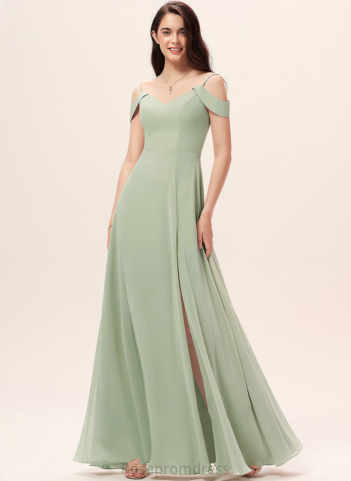 Floor-Length Fabric SplitFront A-Line V-neck Silhouette Embellishment Length Neckline Liz Natural Waist A-Line/Princess Bridesmaid Dresses