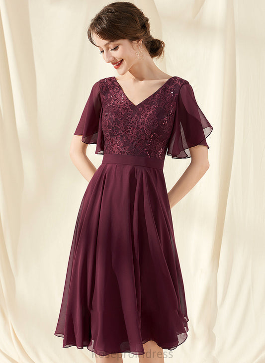 A-Line Silhouette Sequins V-neck Knee-Length Length Embellishment Neckline Fabric Yadira Natural Waist Floor Length Bridesmaid Dresses