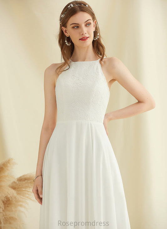 Ingrid Pockets Neck Chiffon Dress Wedding With A-Line Lace Wedding Dresses Scoop Floor-Length