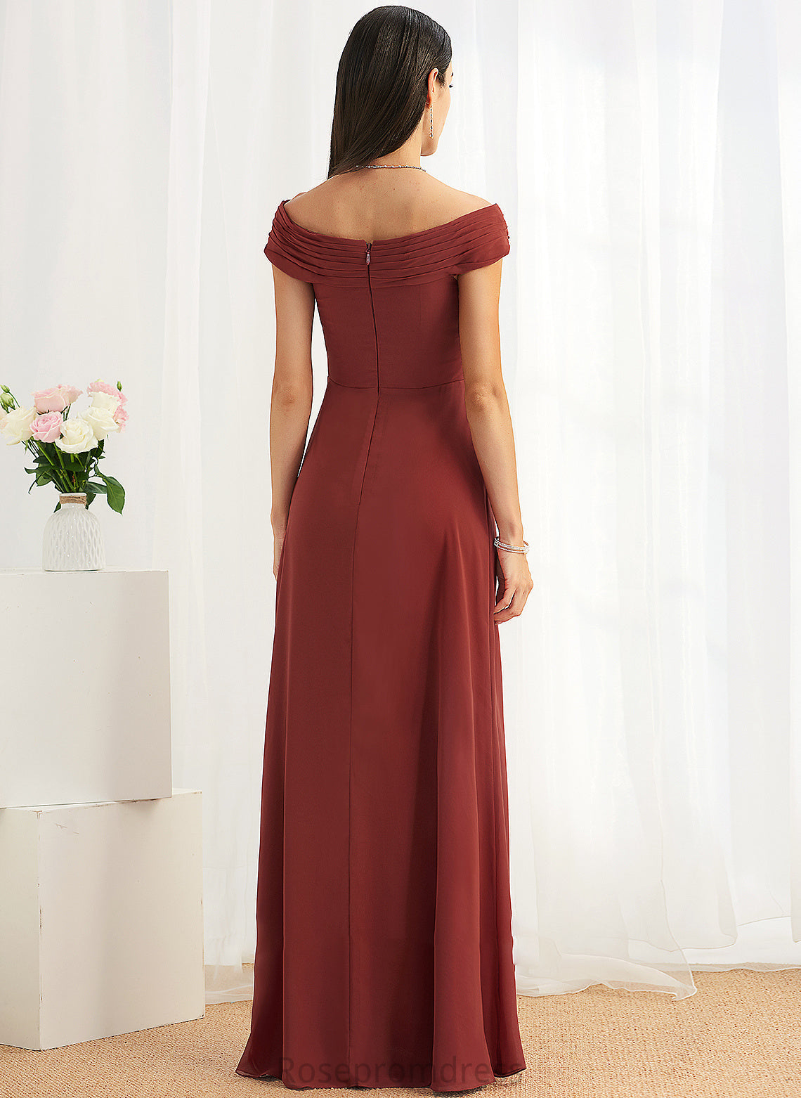 Sheath/Column Neckline Length Floor-Length Silhouette Ruffle Fabric Off-the-Shoulder Embellishment Vanessa Bridesmaid Dresses
