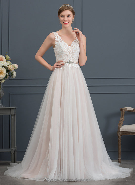 Court Wedding With Train Beading Dress A-Line Wedding Dresses V-neck Tulle Sharon