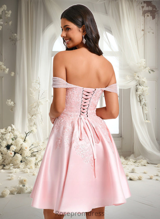 Mabel A-line Off the Shoulder Short Satin Homecoming Dress With Rhinestone Beading Appliques Lace DSP0025679