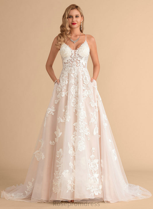 Ball-Gown/Princess Train Court Lily With Wedding Dresses Dress Tulle Pockets Lace Beading V-neck Wedding