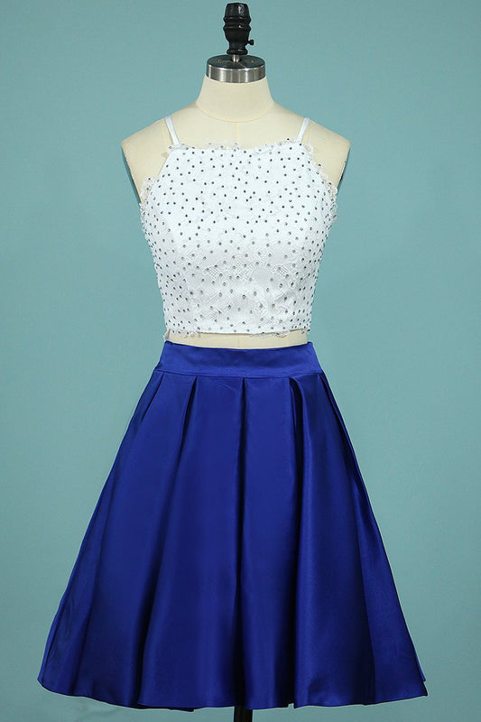 2024 A Line Satin Two-Piece Spaghetti Straps Homecoming Dresses With Applique