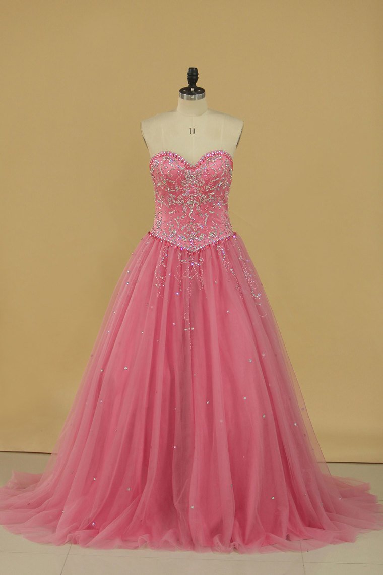 2024 Ball Gown Beaded Bodice Quinceanera Dresses Sweetheart Tulle Sweep Train