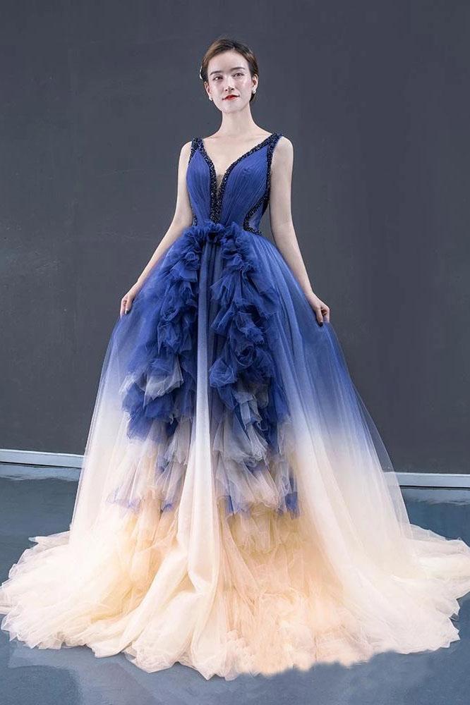 Ball Gown Ombre V Neck Tulle Royal Blue Long Prom Dresses, Quinceanera Dresses SRS15067