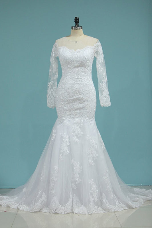 2024 Mermaid New Arrival Scoop Wedding Dresses Tulle With Applique