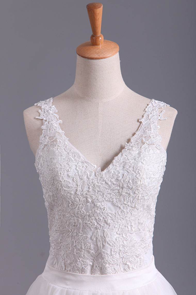 New Arrival Spaghetti Straps Wedding Dresses Sheath Lace & Tulle With Applique Court Train SRSPRX2EKZH