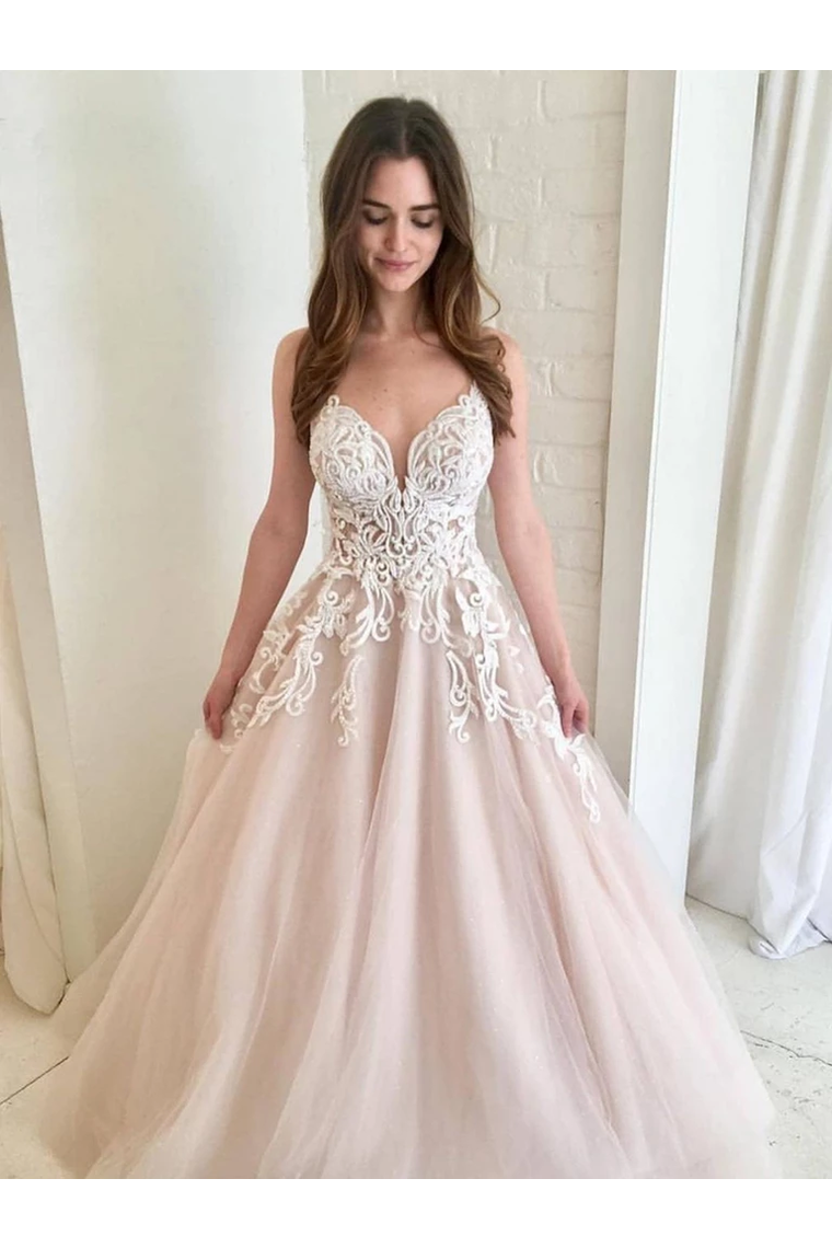 A Line V Neck Champagne Tulle Prom Dresses Wedding Dress Formal Dresses