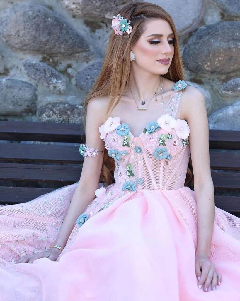 Princess Ball Gown Sweetheart Pink One Shoulder Prom Dresses, Quinceanera Dresses SRS15296