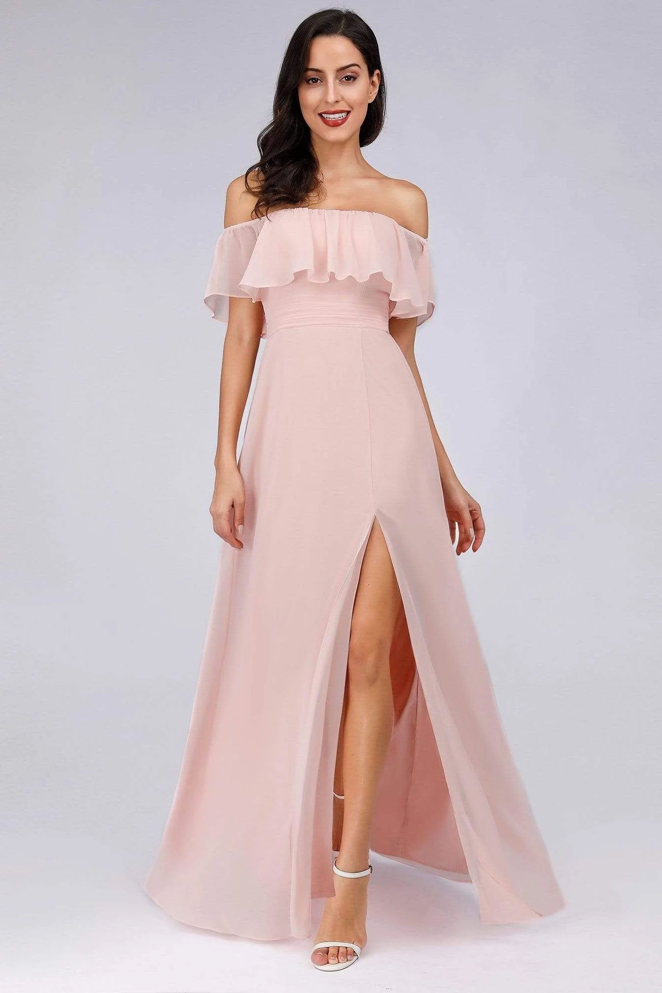 Charming Off Shoulder Ruffle Pink Chiffon Long Prom Dresses Bridesmaid Dresses SRS15114