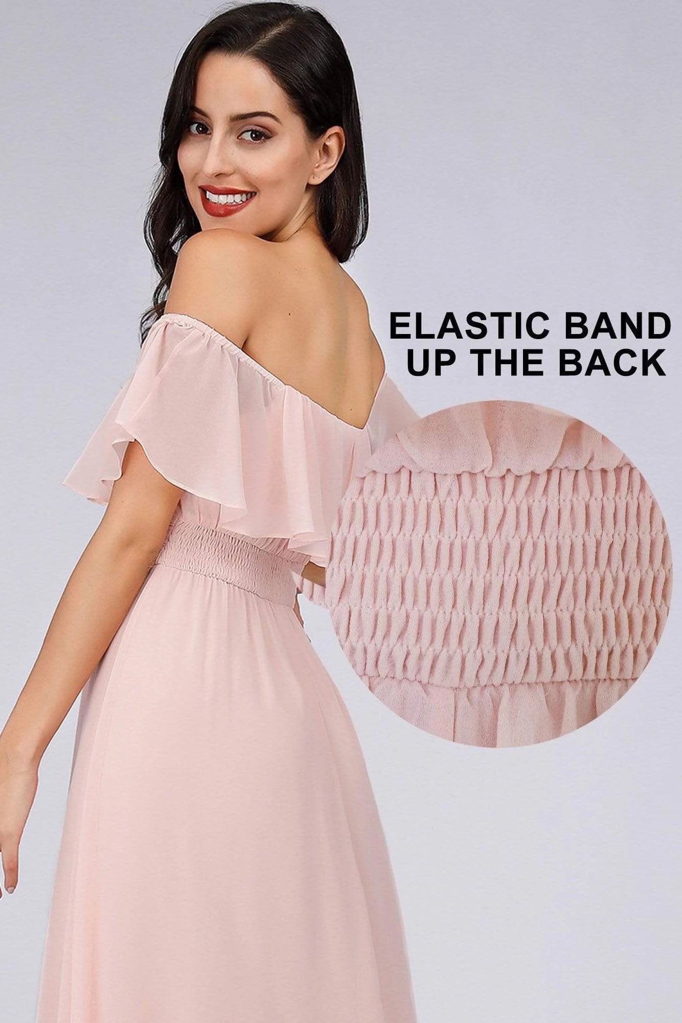 Charming Off Shoulder Ruffle Pink Chiffon Long Prom Dresses Bridesmaid Dresses SRS15114