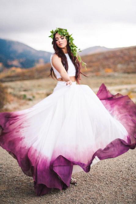 Flowy Two Pieces White Straps Prom Dresses Bateau Fuchsia Dyed Chiffon Wedding Dress SRS15233