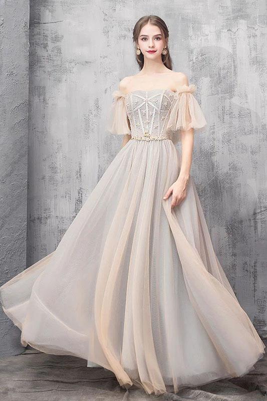 Elegant Off Shoulder Floor Length Tulle Prom Dress, Lace up Bridesmaid Dresses SRS15185