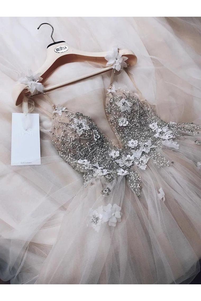 A Line Spaghetti Straps Tulle Beads V Neck Prom Dresses HandMade Flowers Wedding SRSPATMMD6Y