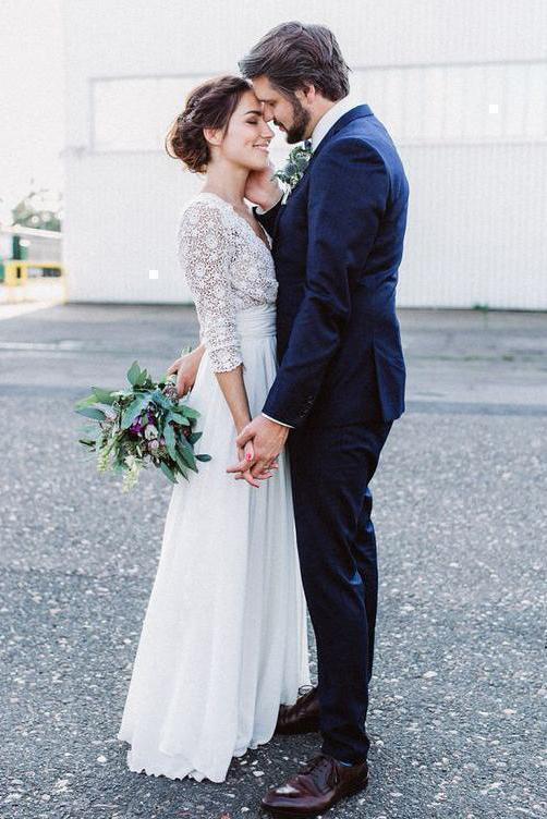 3/4 Sleeve See Through Backless Lace Wedding Gowns Chiffon Rustic Wedding Dresses RS815
