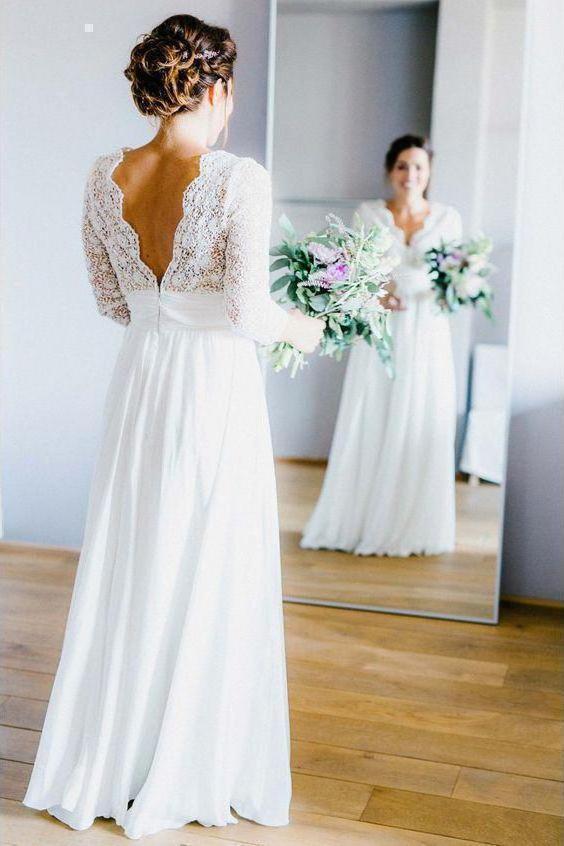 3/4 Sleeve See Through Backless Lace Wedding Gowns Chiffon Rustic Wedding Dresses RS815