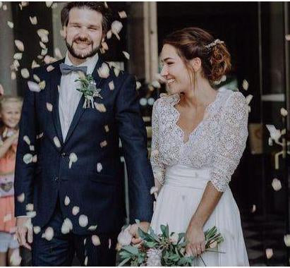 3/4 Sleeve See Through Backless Lace Wedding Gowns Chiffon Rustic Wedding Dresses RS815