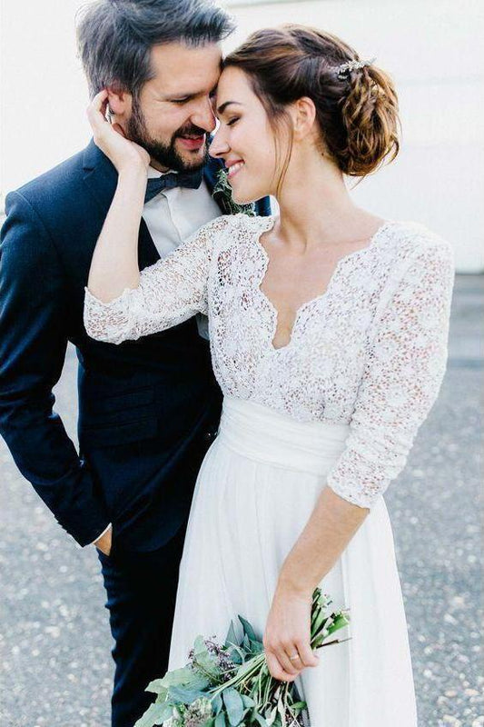 3/4 Sleeve See Through Backless Lace Wedding Gowns Chiffon Rustic Wedding Dresses RS815