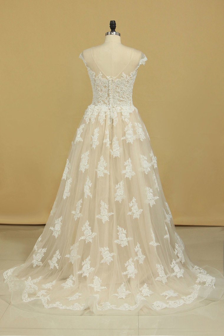 2024 Court Train Scoop A Line Wedding Dresses Tulle With Applique