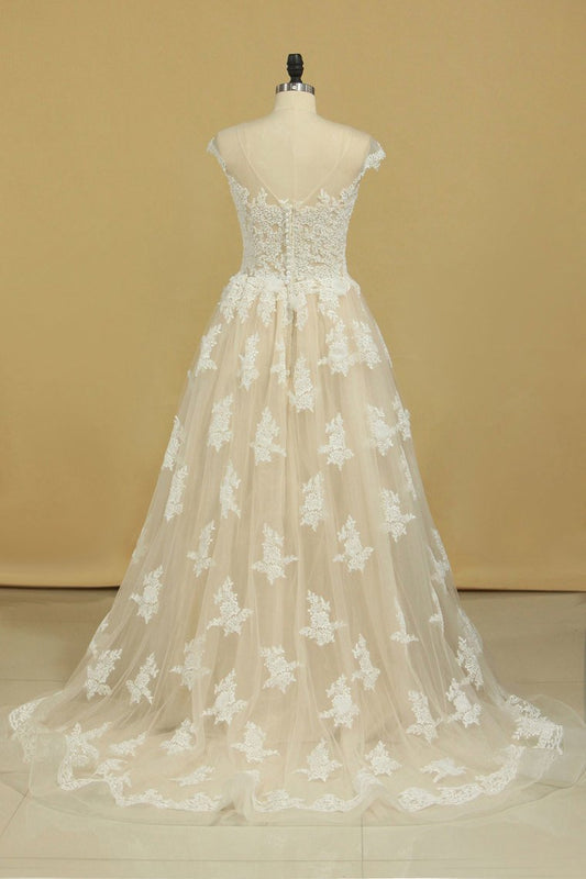 2024 Court Train Scoop A Line Wedding Dresses Tulle With Applique