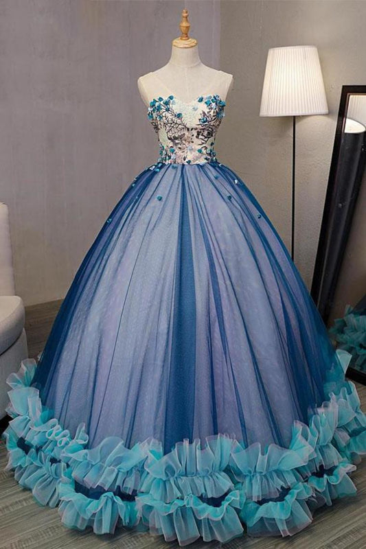 Ball Gown V Neck Sleeveless Appliqued Tulle Prom Dress Hot Quinceanera SRSP46YC47P