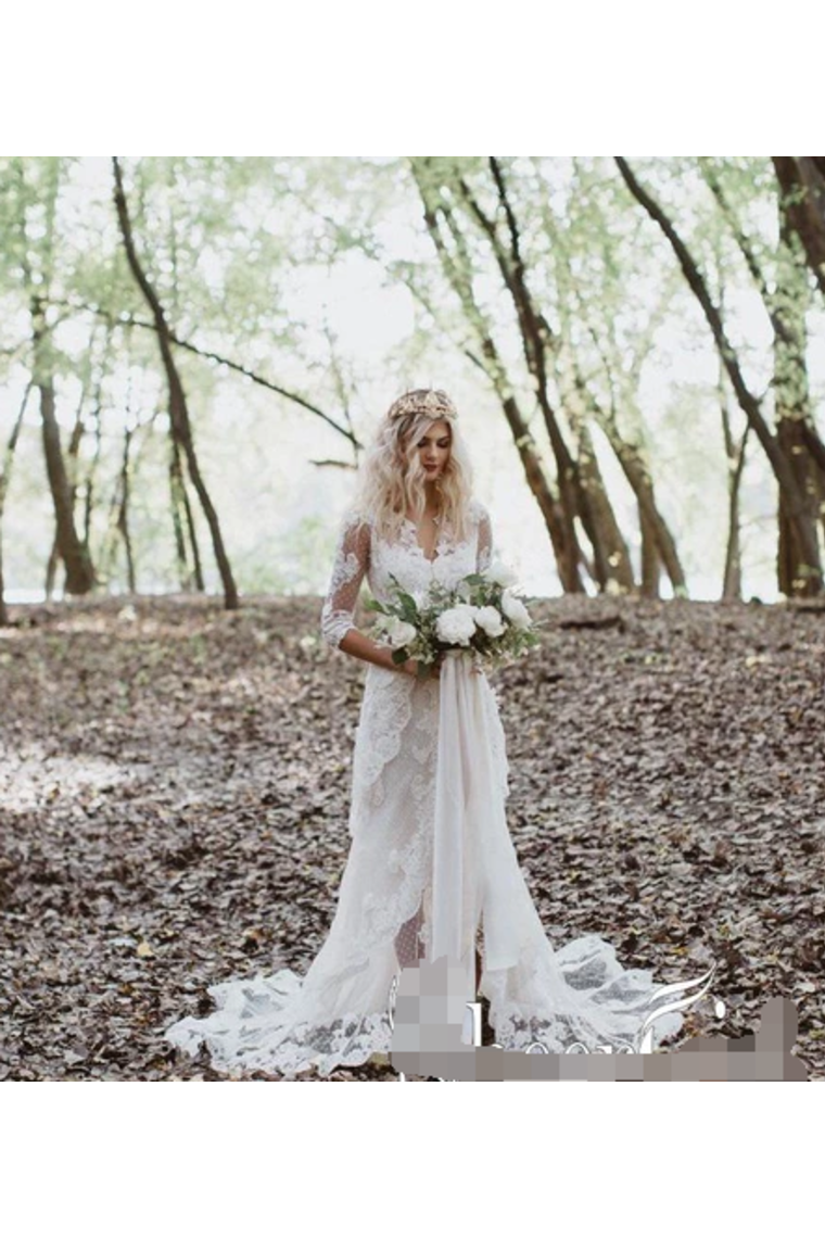Risqu�� Sheath With Unlined Sleeves Wedding Dress Front Slit Ivory Lace Bridal Dress