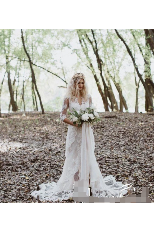 Risqu�� Sheath With Unlined Sleeves Wedding Dress Front Slit Ivory Lace Bridal Dress