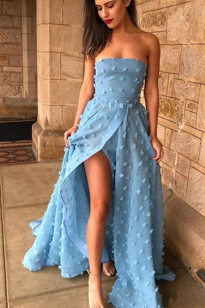 Sexy A line See Through Strapless Slit Backless Blue Prom Dresses with Appliques SRS15593