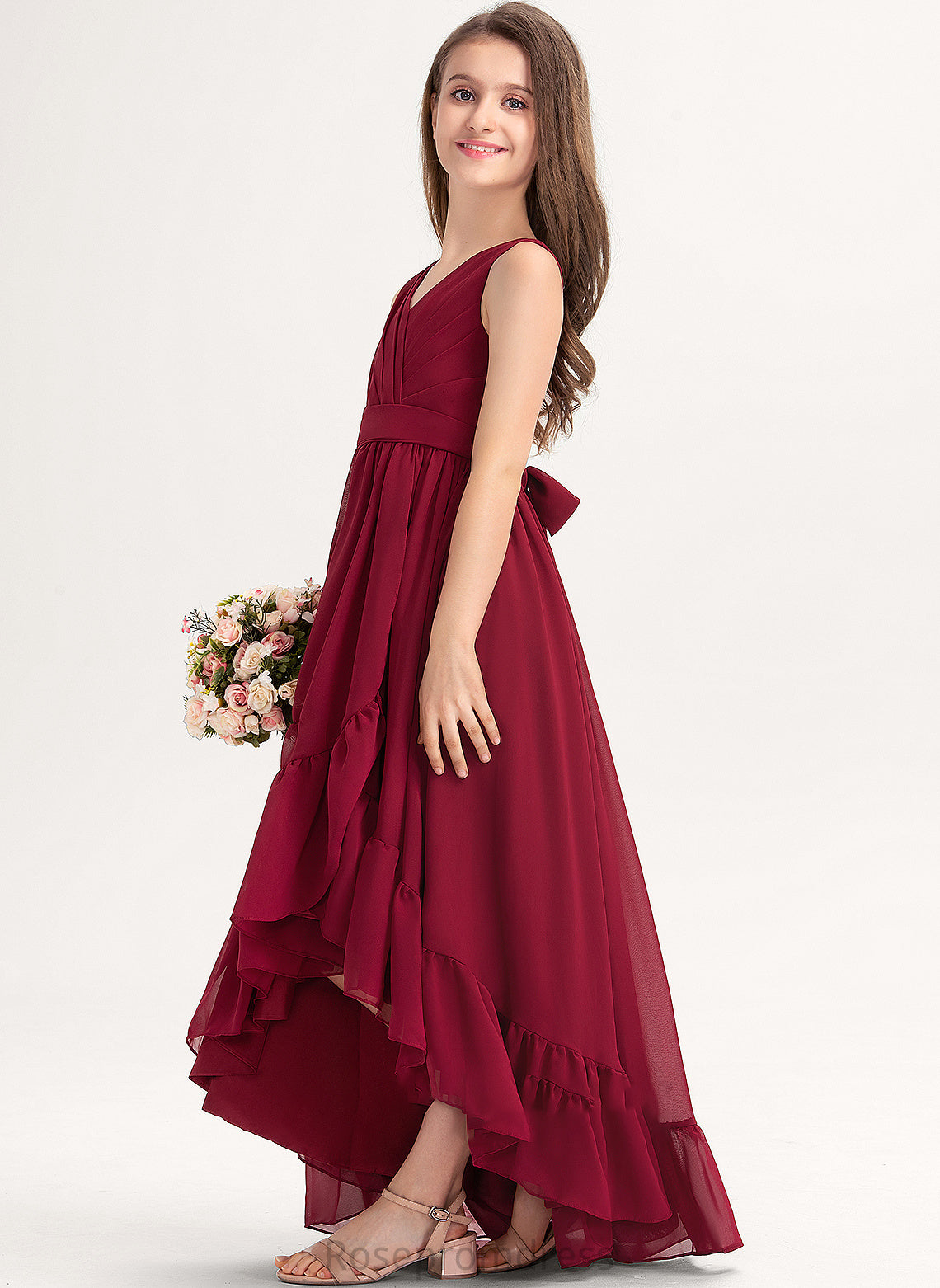 With Cascading V-neck Miah Chiffon A-Line Ruffles Bow(s) Asymmetrical Junior Bridesmaid Dresses