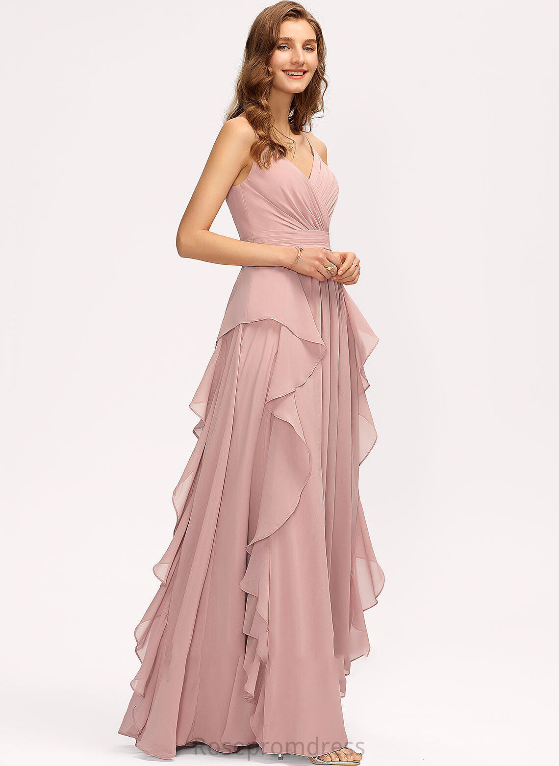 Length CascadingRuffles Floor-Length V-neck Ruffle Fabric Silhouette Embellishment Neckline A-Line Paula Bridesmaid Dresses