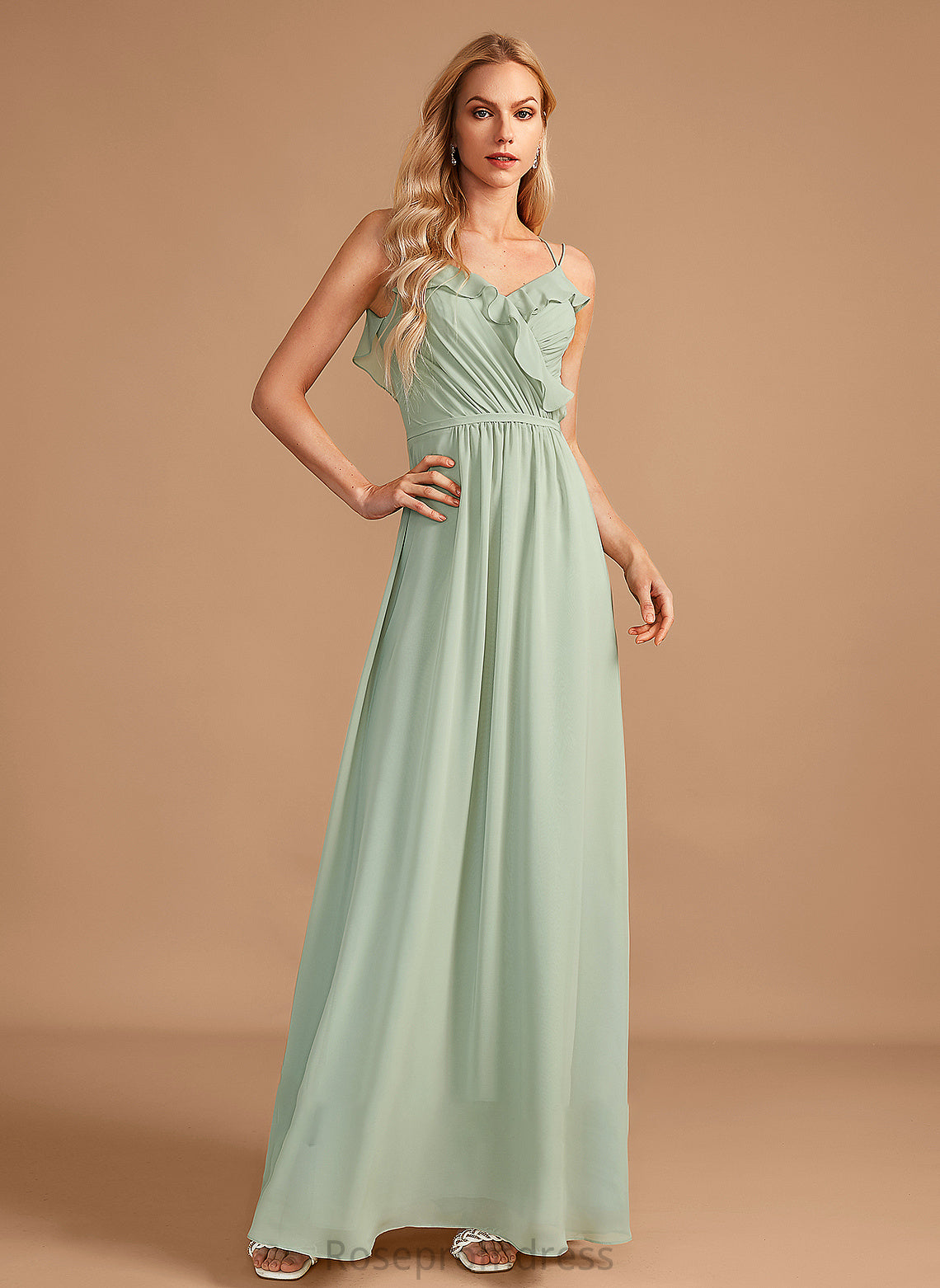 Silhouette Floor-Length Fabric Ruffle Neckline V-neck Embellishment Length A-Line Lizbeth V-Neck A-Line/Princess Bridesmaid Dresses