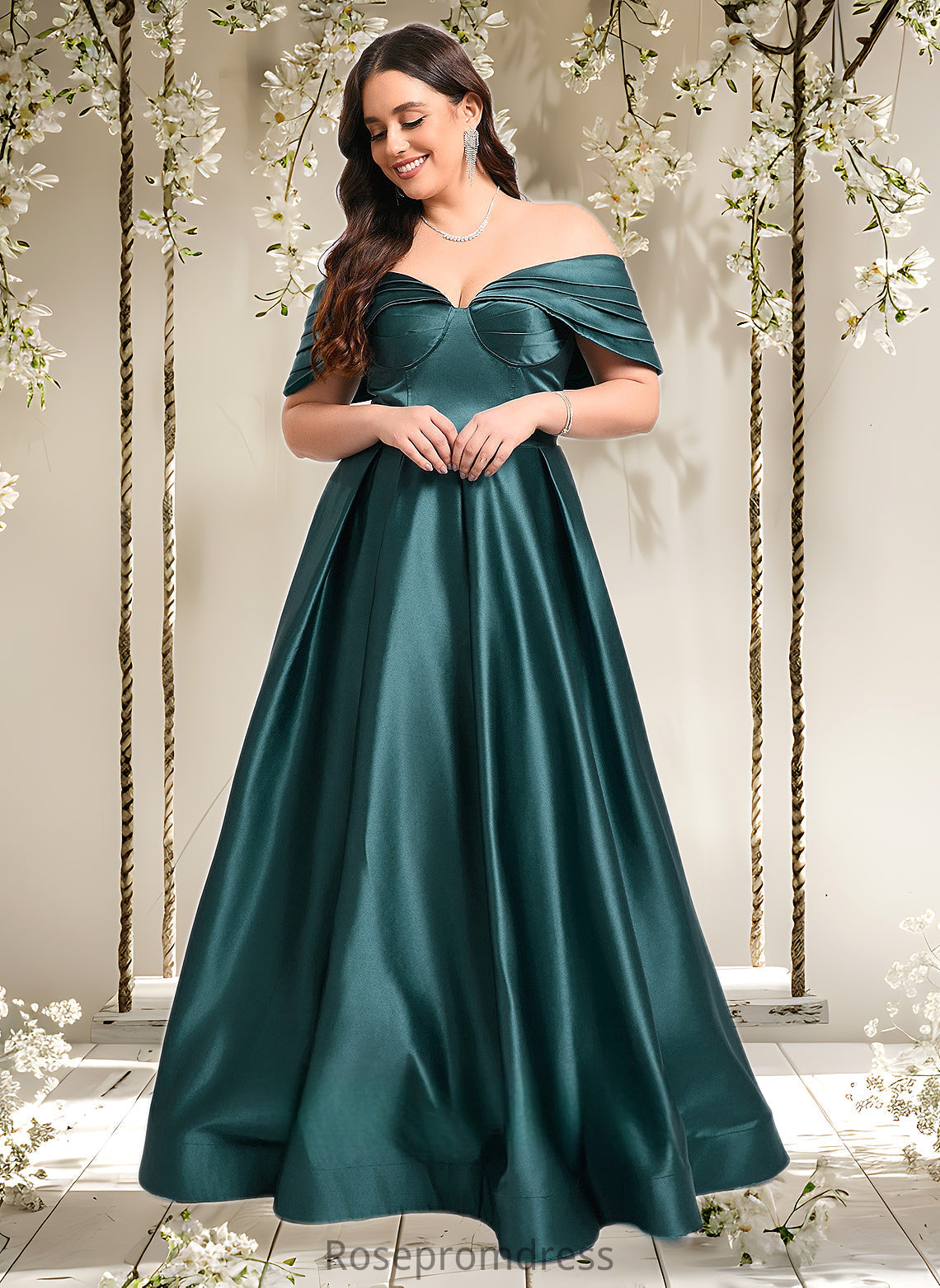 Setlla A-line Off the Shoulder Floor-Length Satin Prom Dresses With Pleated DSP0025851