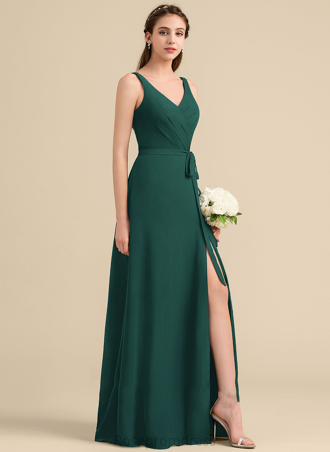 Bow(s) Neckline Floor-Length Embellishment A-Line Fabric SplitFront Ruffle Length Silhouette V-neck Kaylynn Bridesmaid Dresses