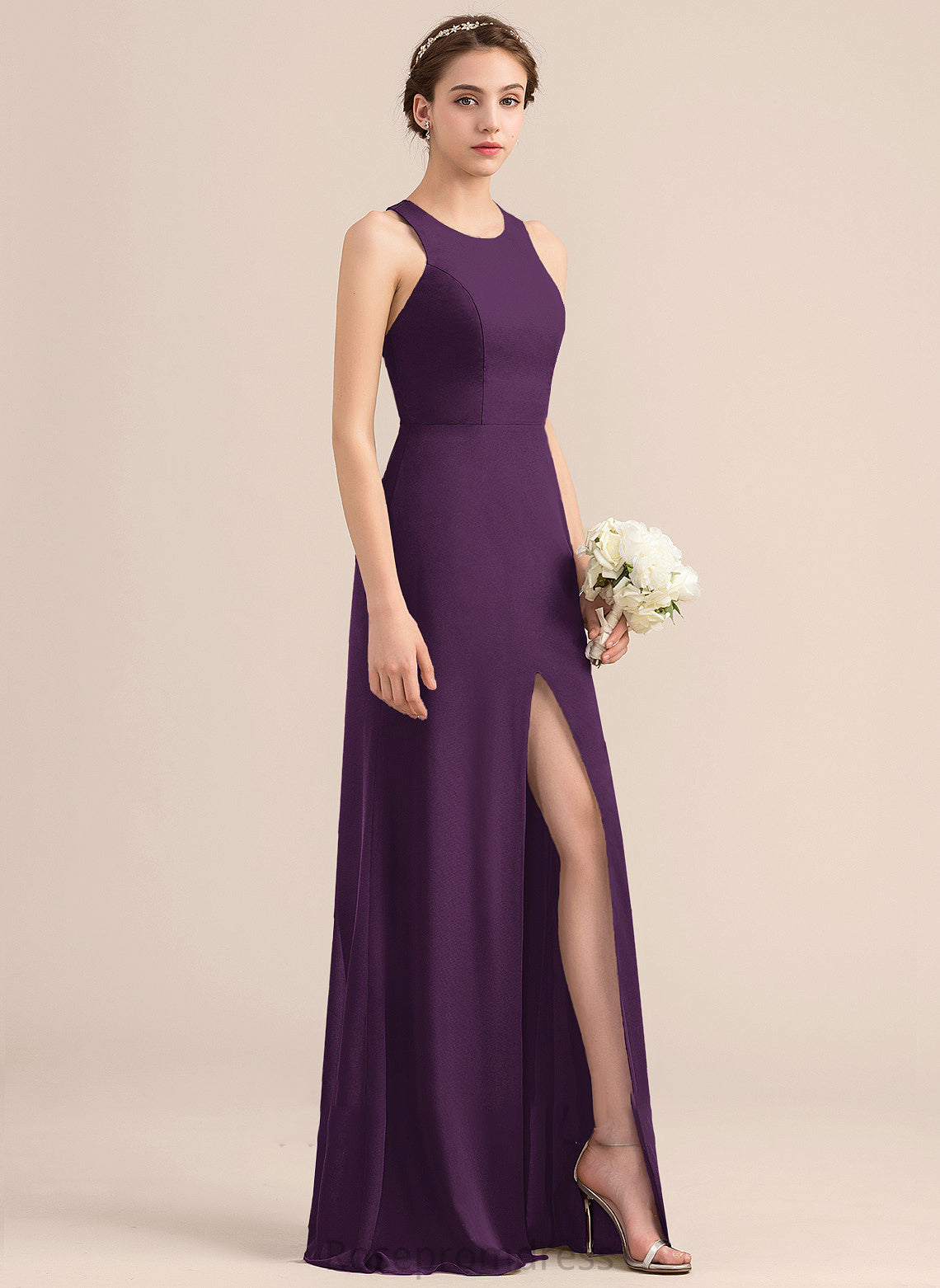 Silhouette Length Embellishment SplitFront Fabric ScoopNeck Floor-Length A-Line Neckline Elizabeth Natural Waist Floor Length Bridesmaid Dresses
