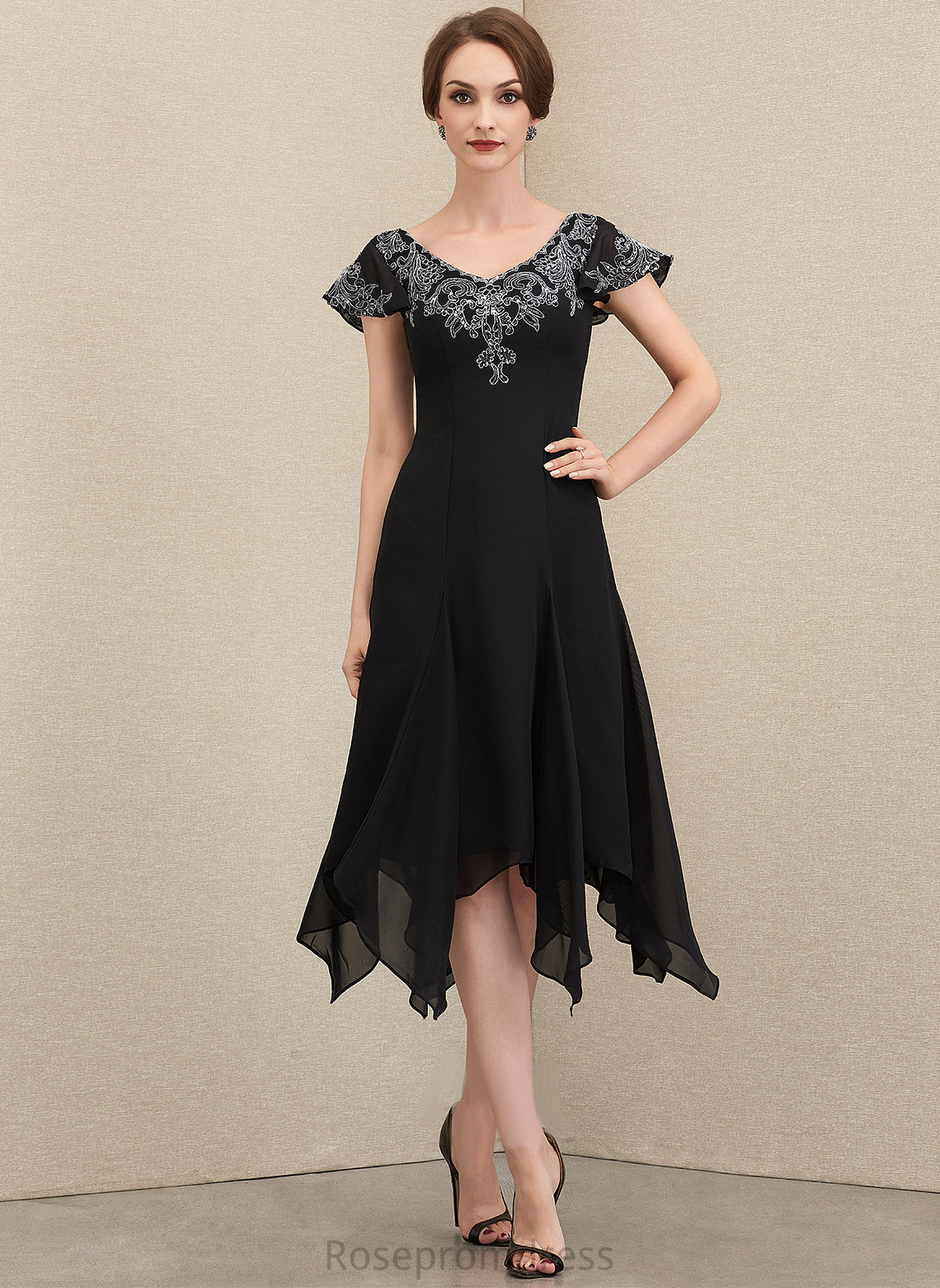 Sequins Mother the Bride Lace Karen of V-neck Tea-Length A-Line With Mother of the Bride Dresses Dress Chiffon