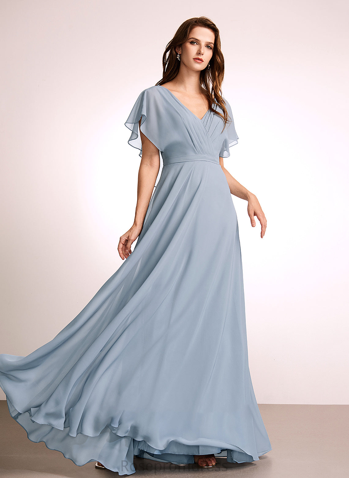 Length V-neck Silhouette Ruffle Fabric Embellishment Neckline Floor-Length A-Line Maliyah Bridesmaid Dresses