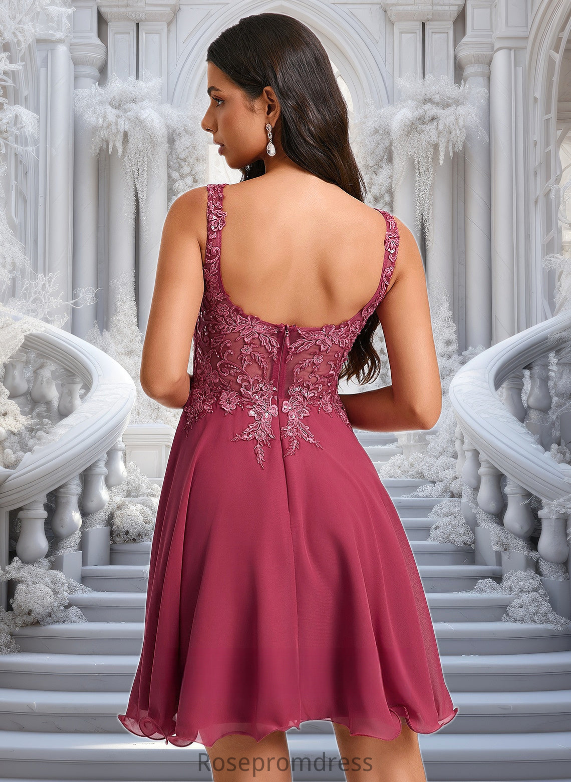 Evangeline A-line Scoop Short Chiffon Homecoming Dress With Sequins Appliques Lace DSP0025681