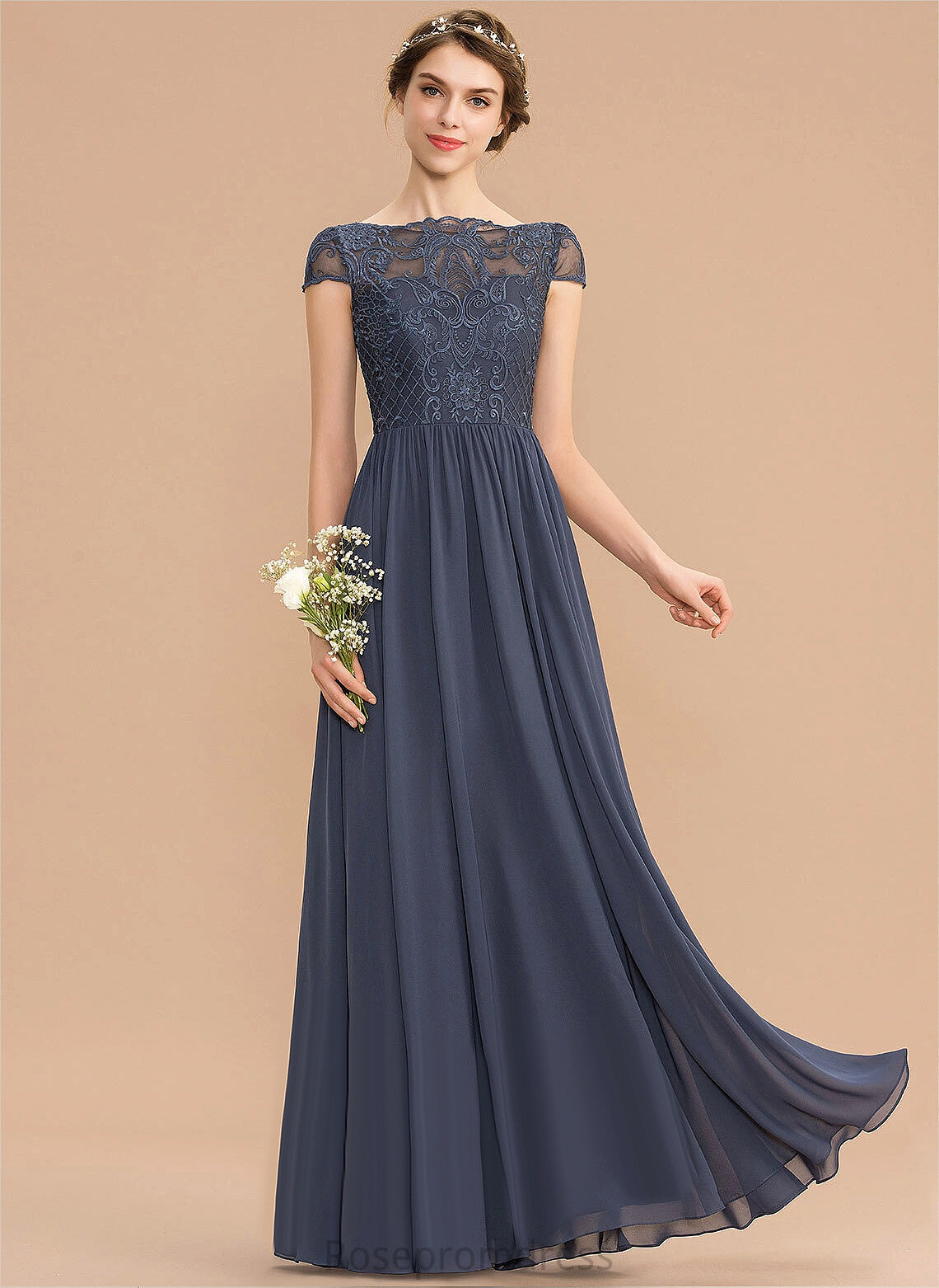 Length Fabric Neckline Silhouette A-line Lace Scoop Straps&Sleeves Floor-Length Allie Natural Waist Short Sleeves Bridesmaid Dresses
