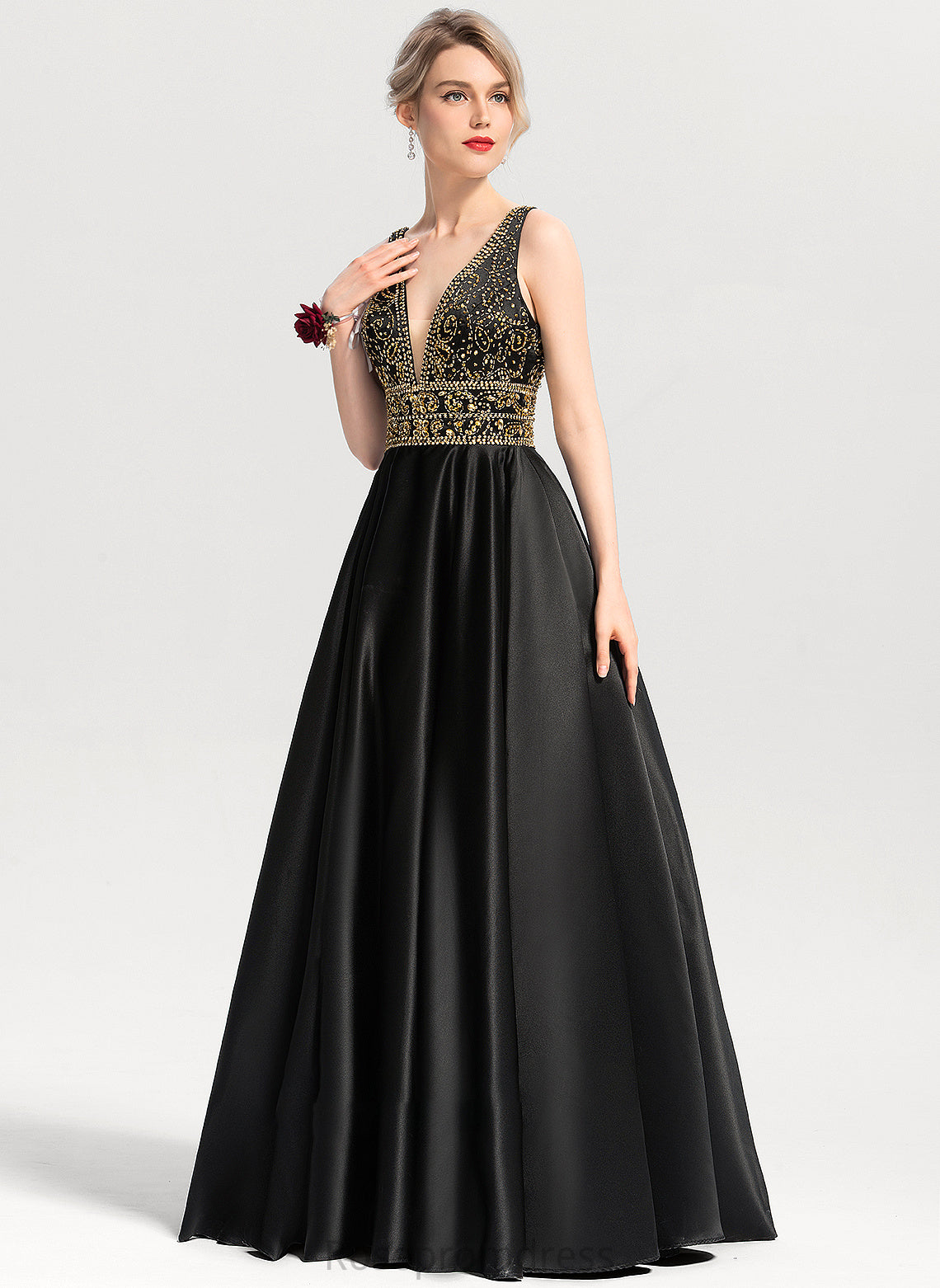 Sequins Satin Floor-Length V-neck With Emelia Prom Dresses Beading Ball-Gown/Princess