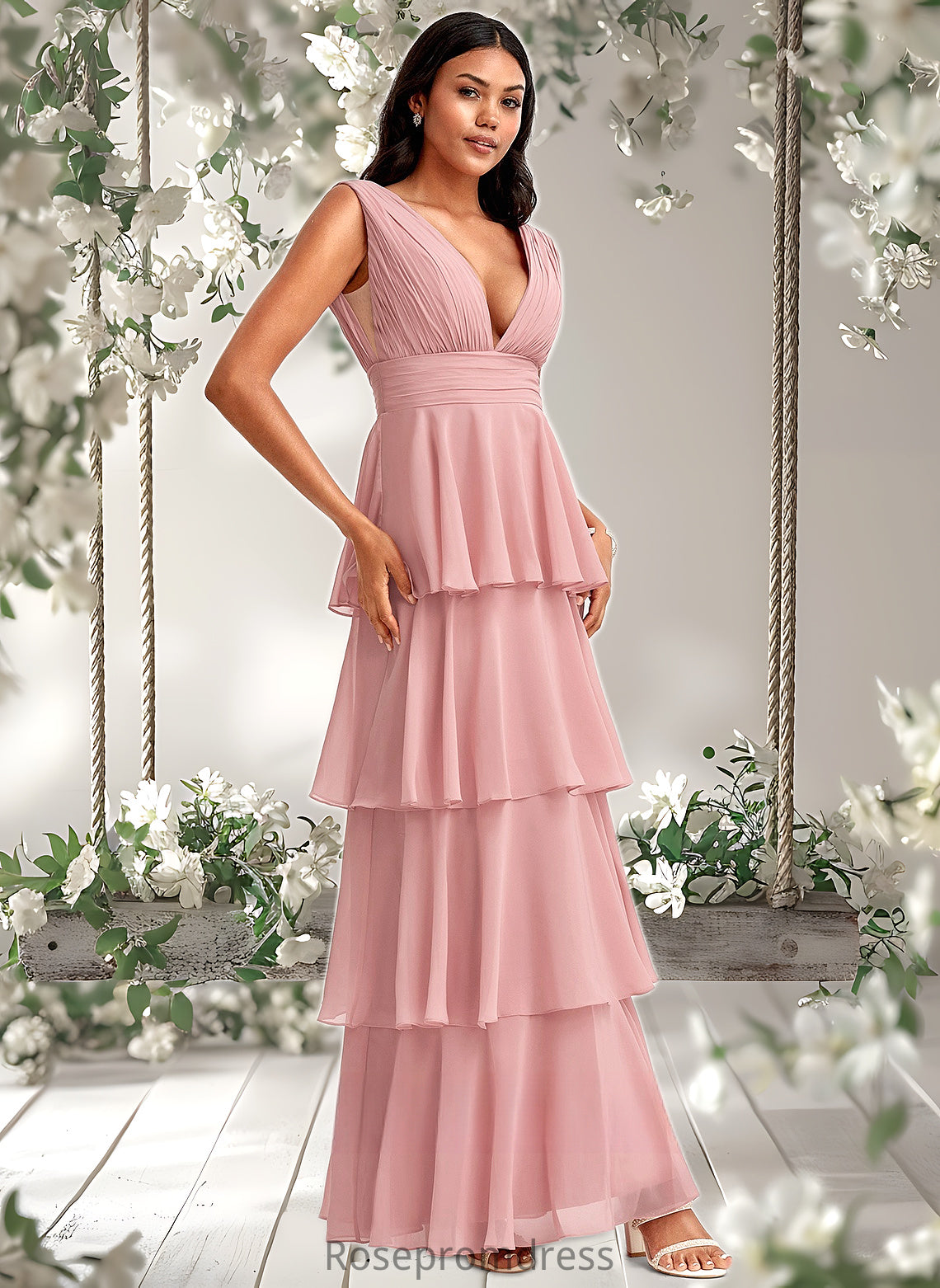 Tricia A-line V-Neck Floor-Length Chiffon Bridesmaid Dress DSP0025749
