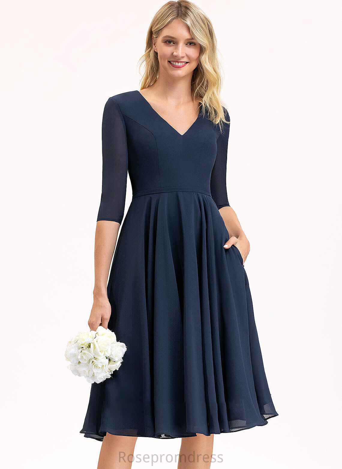 Silhouette Pockets Fabric Length A-Line V-neck Neckline Embellishment Knee-Length Alexis Bridesmaid Dresses