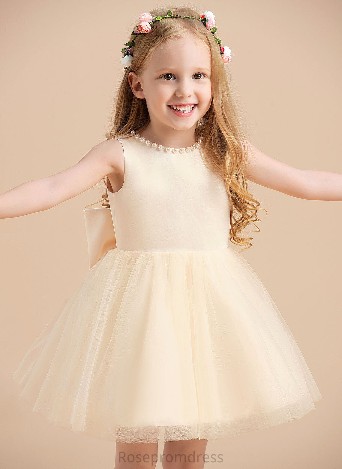 Sleeveless Dress Satin/Tulle A-Line Beading Girl Athena Neck Scoop With Flower Flower Girl Dresses Knee-length